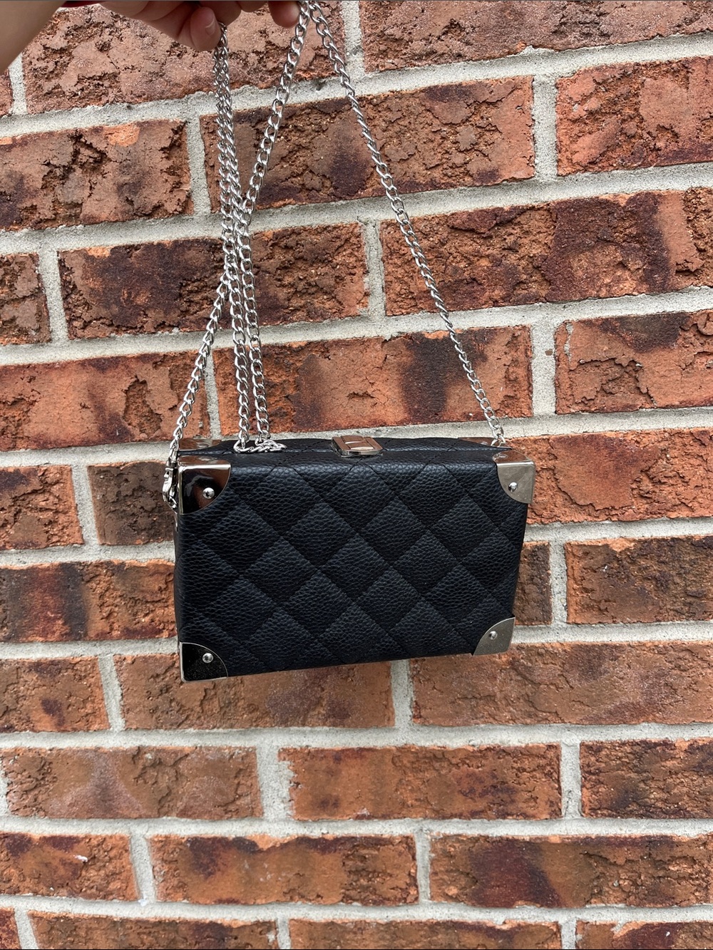 Black Quilted Chain-Wristlet Clutch with Silver Hardware